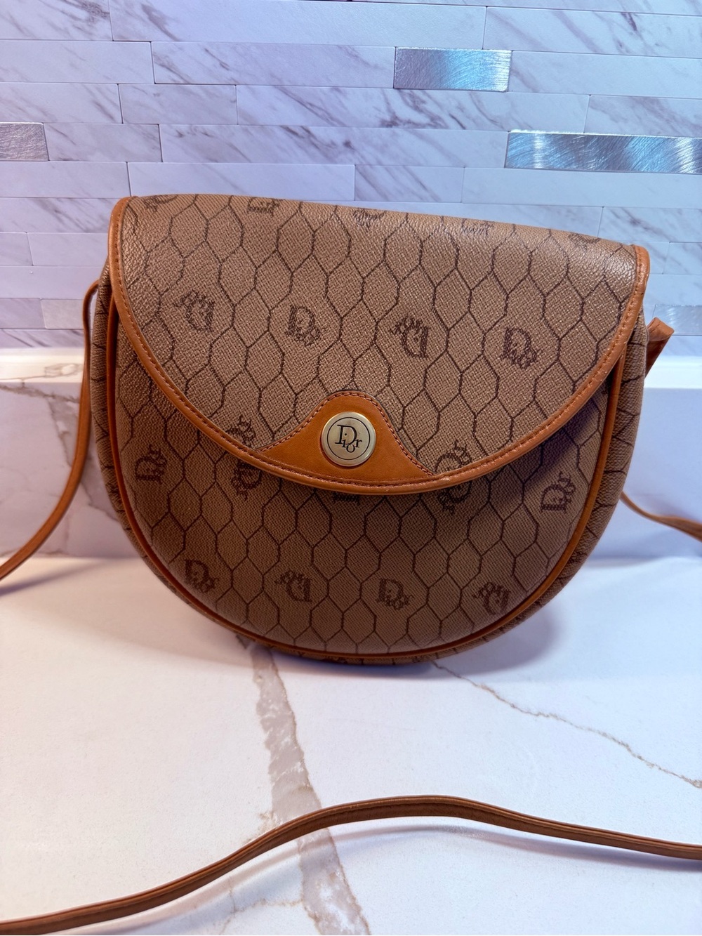 Vintage Christian Dior Monogram Crossbody Saddle Bag Brown/Tan
